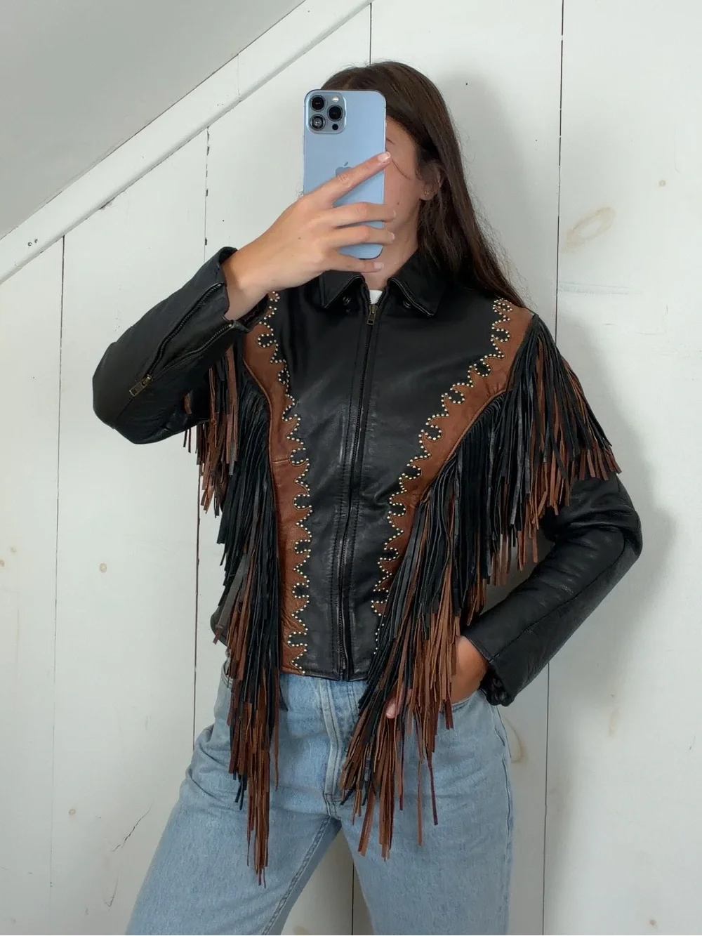Vintage Black Brown Genuine Leather Western Studded Fringe Jacket Women’s Small